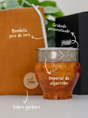 Mate imperial de algarrobo +bombilla, grabado y yerbero